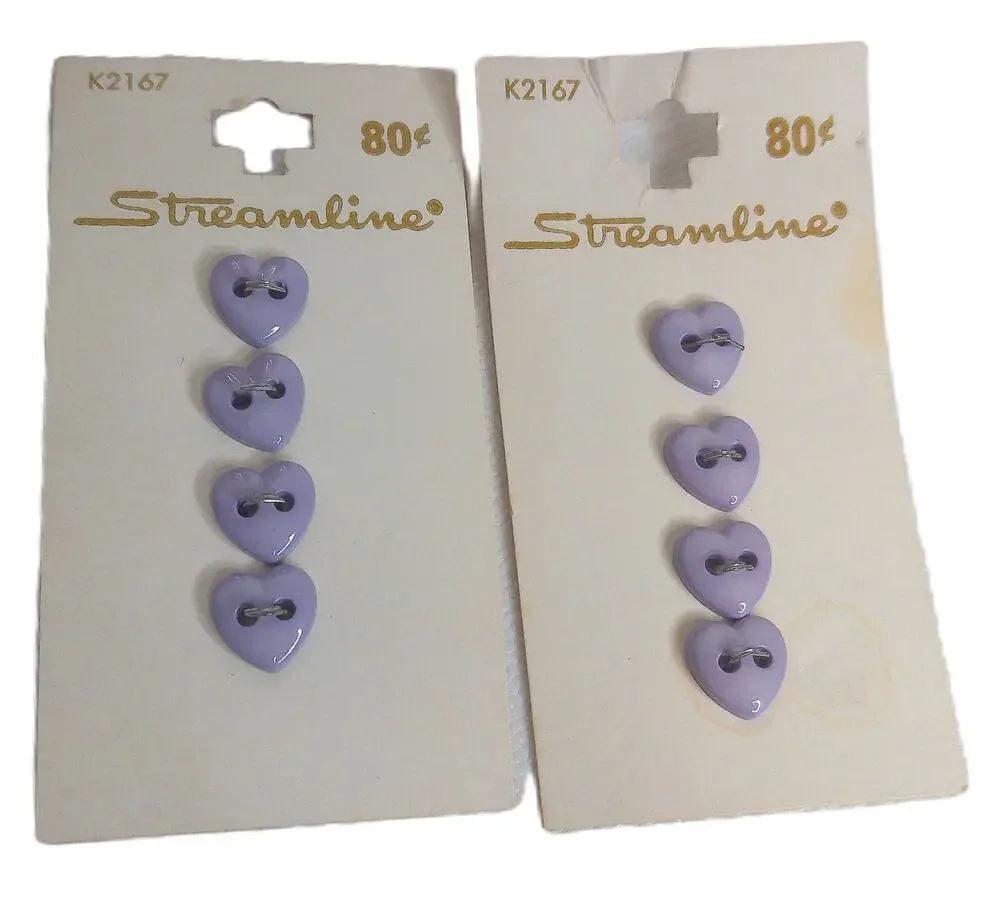 Vintage Streamline Lilac Purple Heart Shape 4 Pack Buttons Set of 2 New